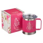 Tasse de Café en Acier Inoxydable / Be Still Pink Camp Style Stainless Steel Mug - Psalm 46:10