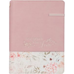 Christian Art Gifts Classic Journal W / Built in Pen Holder Done in Love 1 Corinthians 16:14 Bible Verse Inspirational Scripture Writing Notebook for Women, Ribbon Marker, Pink / Floral Faux Leather, 336 